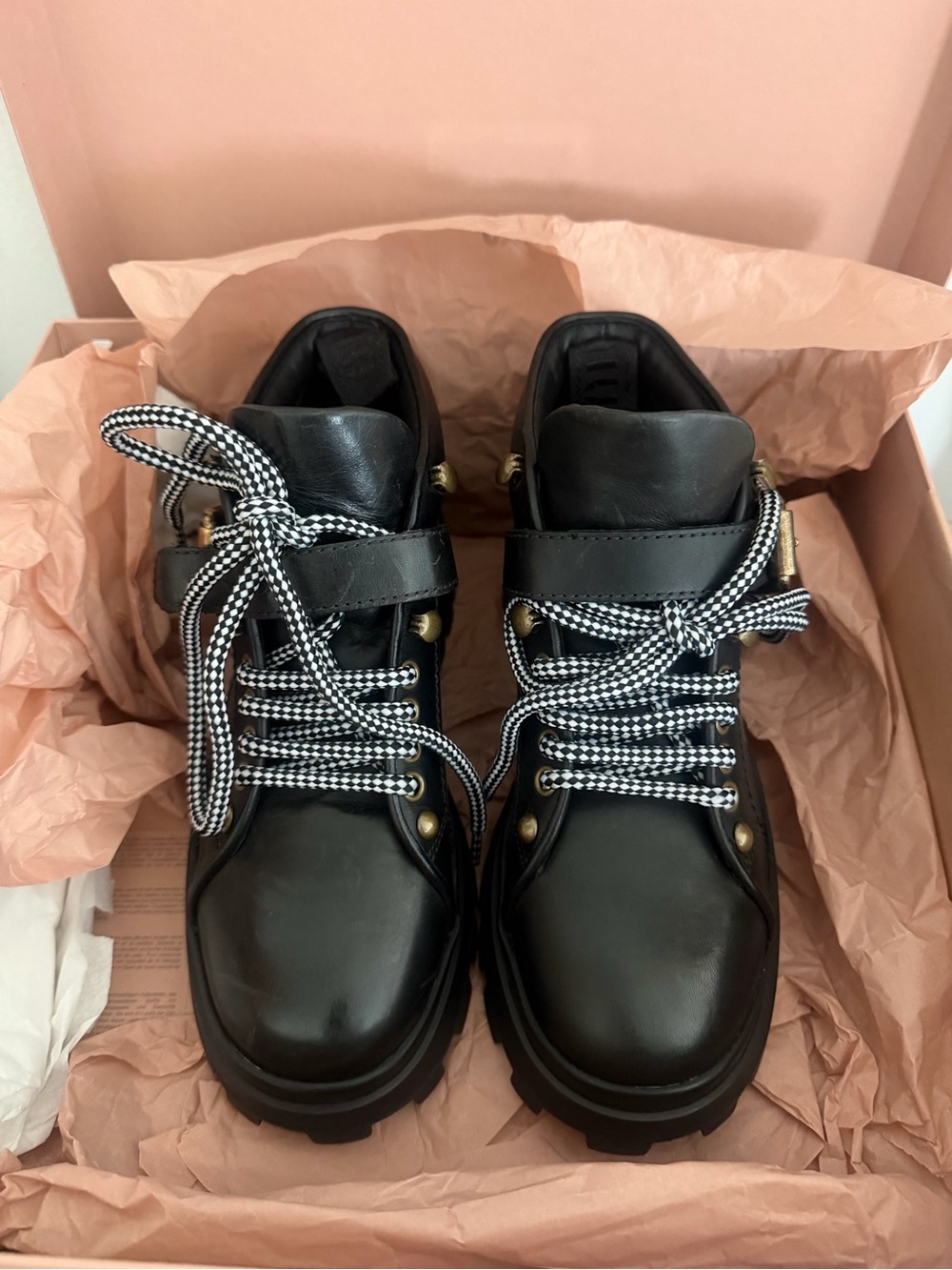 Miu Miu Black Leather Lug-Sole Boots with Contrast Laces